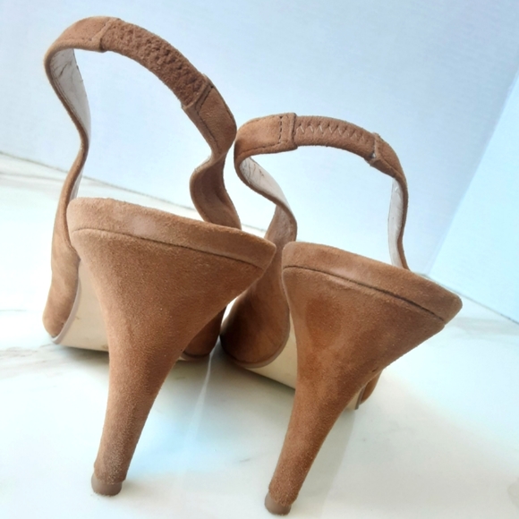 CHINESE LAUNDRY Cupcakes Dark Camel Suede Leather Peep-Toe Sling Backs Sz. 10 - Picture 4 of 7